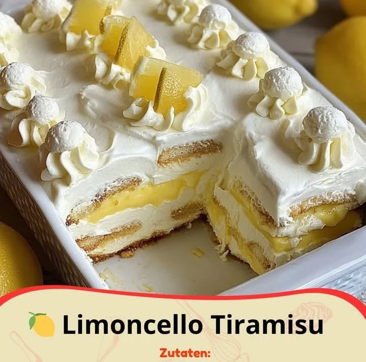 Ein verführerisches Stück Limoncello Tiramisu auf einem Teller mit Dekoration.