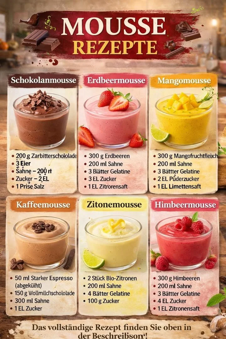 Sechs köstliche Mousse-Desserts im Glas, die zum Genießen einladen.