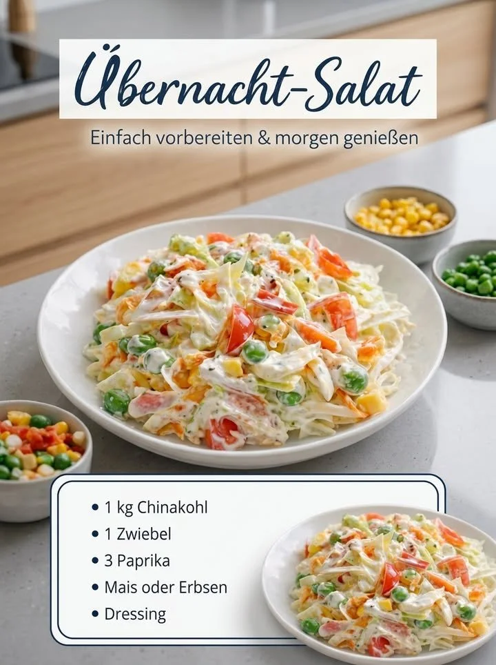 Übernacht-Salat mit frischen Zutaten in einer Schüssel