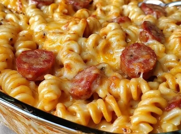 Makkaroni-Wurst-Pfanne mit frischen Zutaten in der Pfanne zubereitet
