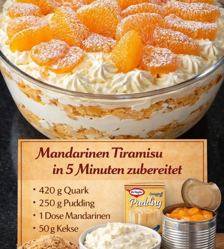 Mandarinen-Tiramisu auf einem Teller mit Mandarinenstücken dekoriert