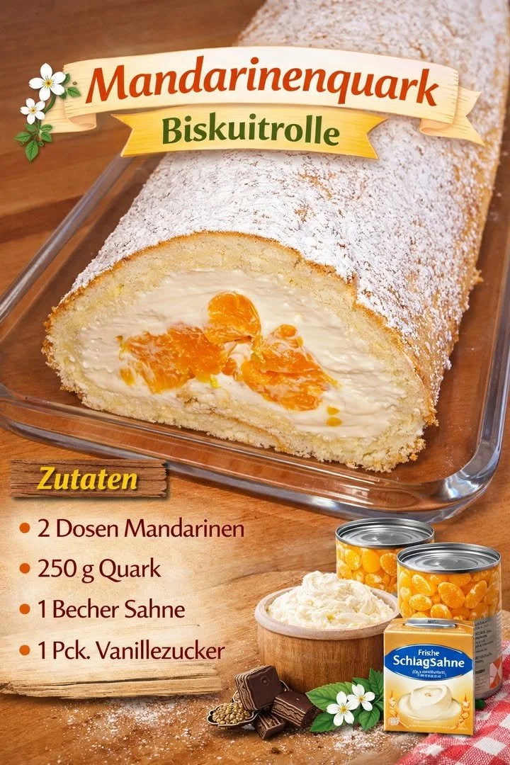 Mandarinenquark Biskuitrolle auf einem Teller mit frischen Mandarinen und dekorativen Blättern