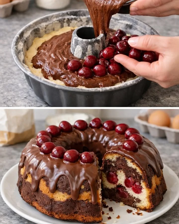 Schokoladiger Marmorkuchen mit Kirschen auf einem eleganten Servierteller.