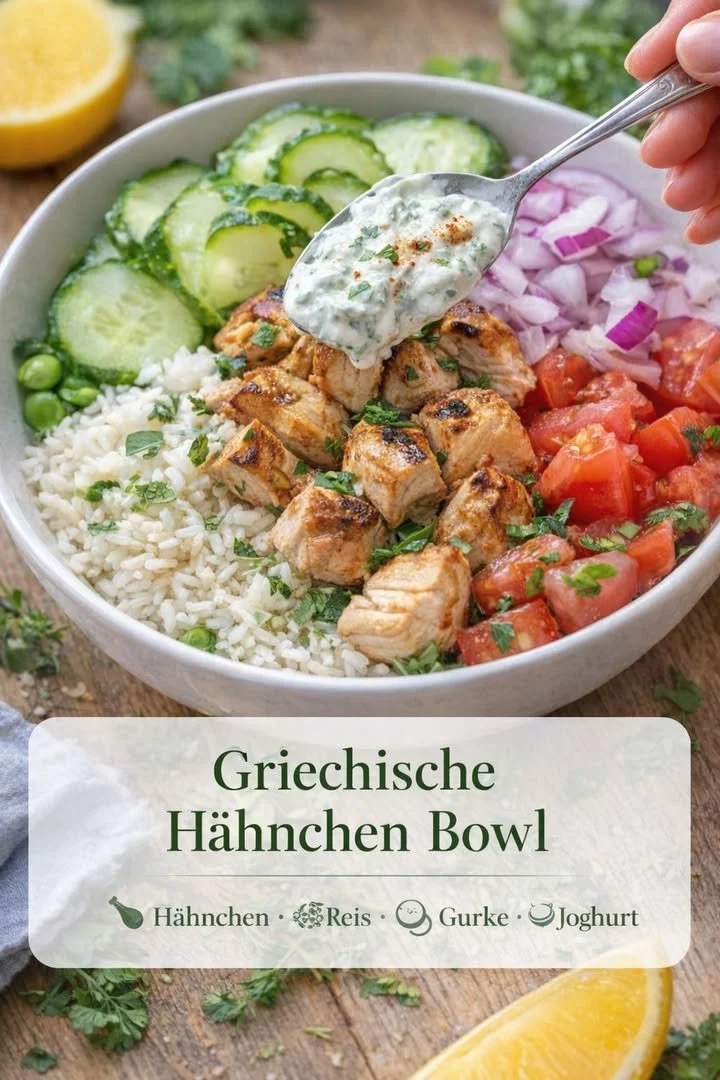 Mediterrane Hähnchen-Bowl mit frischem Gemüse und Aromakräutern