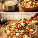 Ein bunter Mediterraner Orzo-Salat mit frischem Gemüse und Kräutern.