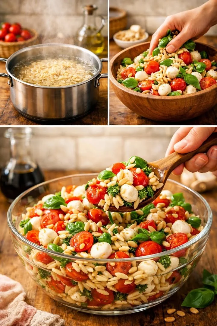 Ein bunter Mediterraner Orzo-Salat mit frischem Gemüse und Kräutern.