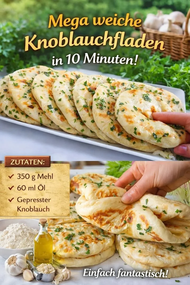 Mega weiche Knoblauchfladen auf einem Teller, frisch gebacken und goldbraun.