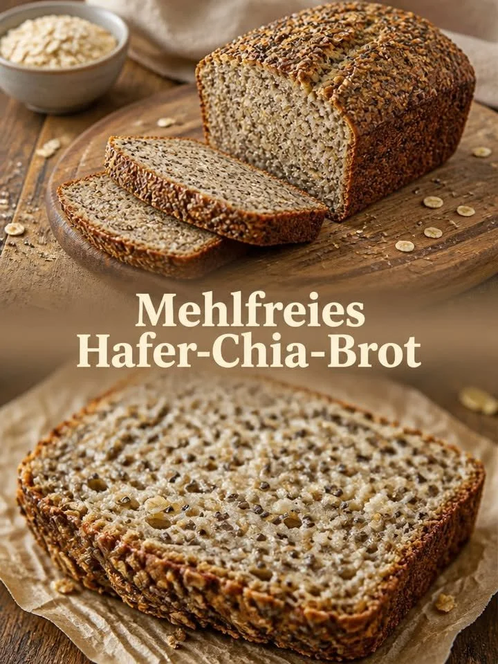 Mehlfreies Hafer-Chia-Brot frisch aus dem Ofen auf einem Holzbrett.