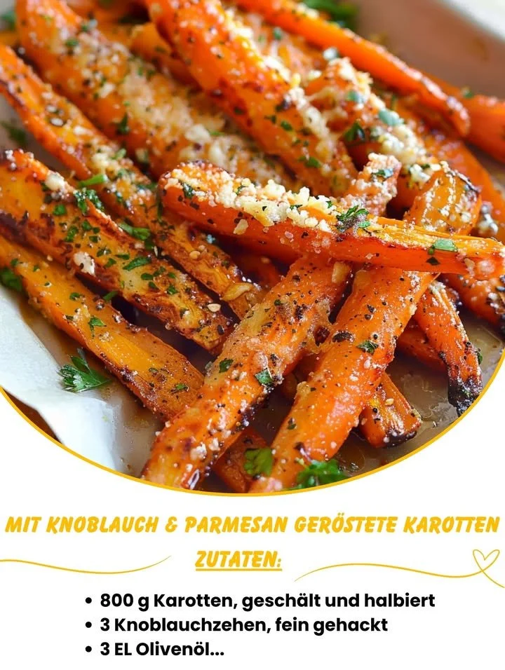 Geröstete Karotten mit Knoblauch und Parmesan auf einem Teller serviert
