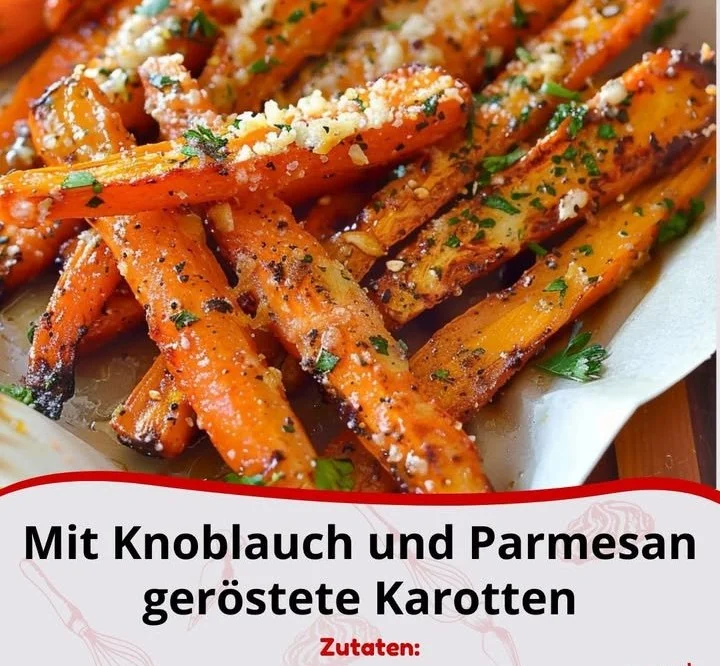 Geröstete Karotten mit Knoblauch und Parmesan auf einem Teller