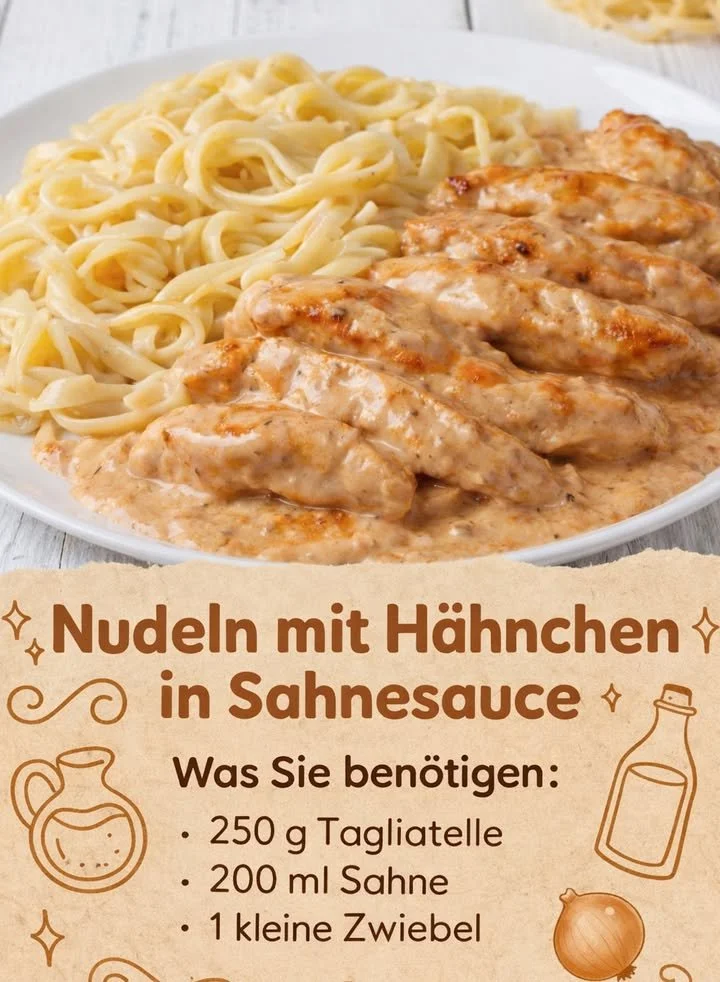 Nudeln mit Hühnchen in cremiger Sauce serviert auf einem Teller.