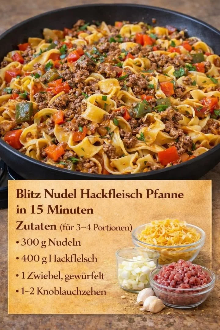 Nudel Hackfleisch Pfanne mit frischem Gemüse und Gewürzen
