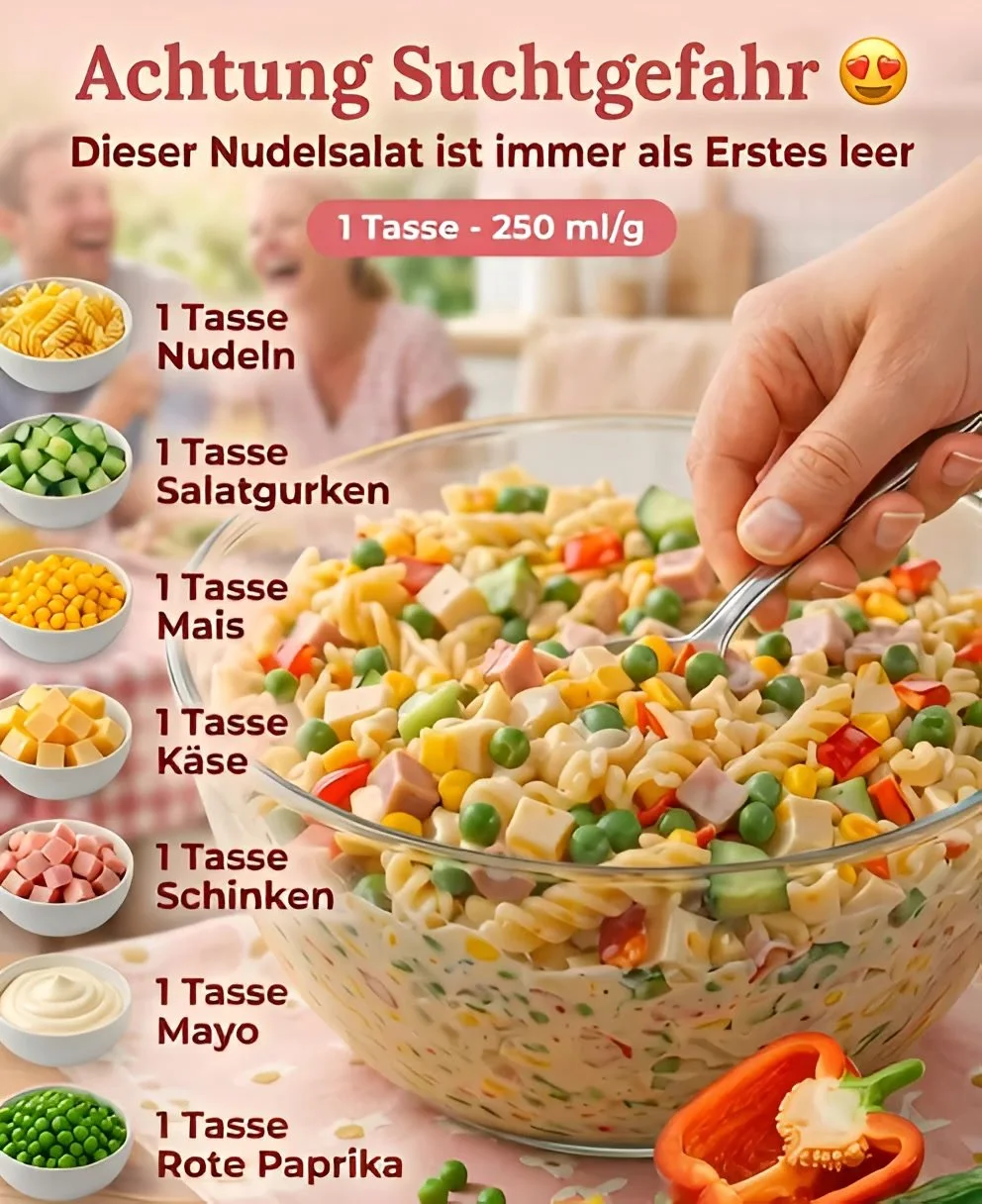 Leckerer Nudelsalat mit frischem Gemüse und Dressing