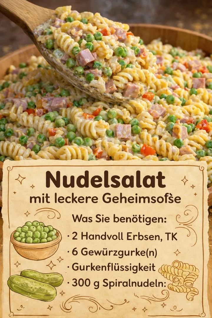 Nudelsalat mit leckerer Geheimsoße serviert in einer Schüssel
