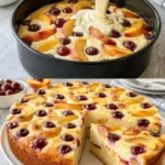 Obstkuchen mit Quarkguss von oben mit frischem Obst garniert