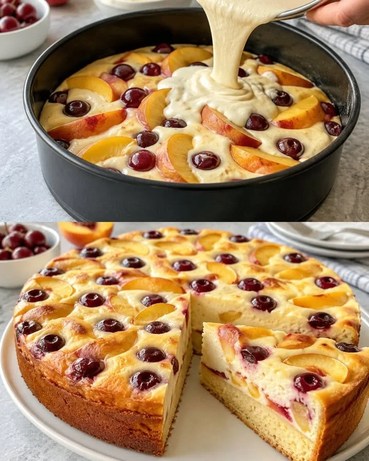 Obstkuchen mit Quarkguss von oben mit frischem Obst garniert