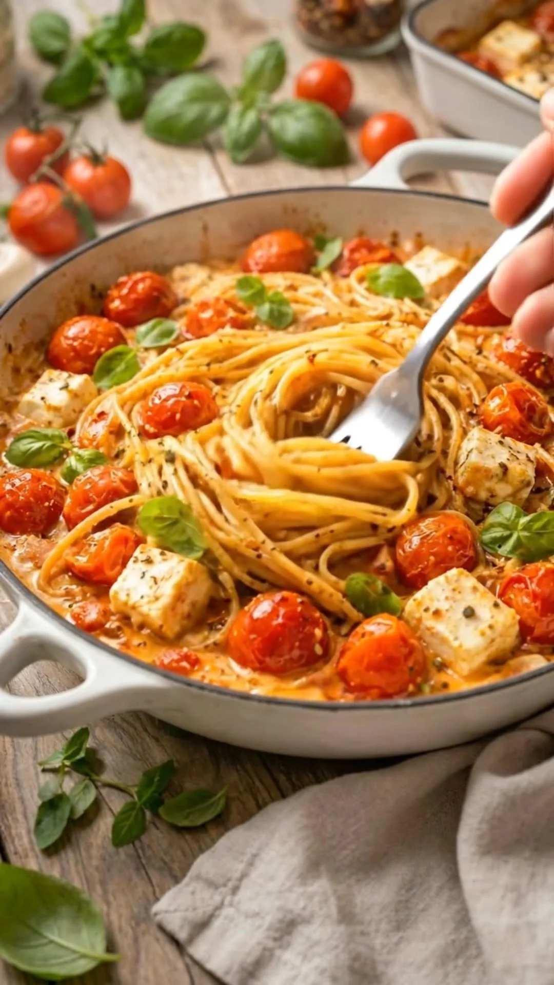 Leckere Ofen Feta Pasta mit frischen Zutaten und Käse.