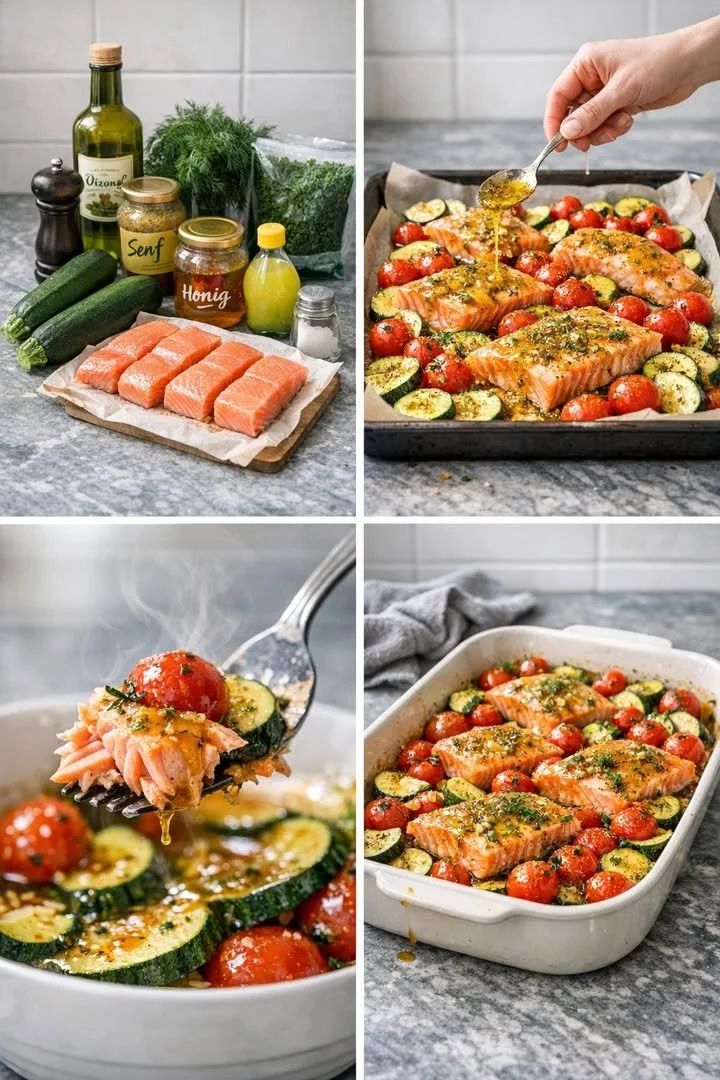 Ofenlachs mit Tomaten, Zucchini und Honig-Senf-Dressing auf einem Teller serviert.