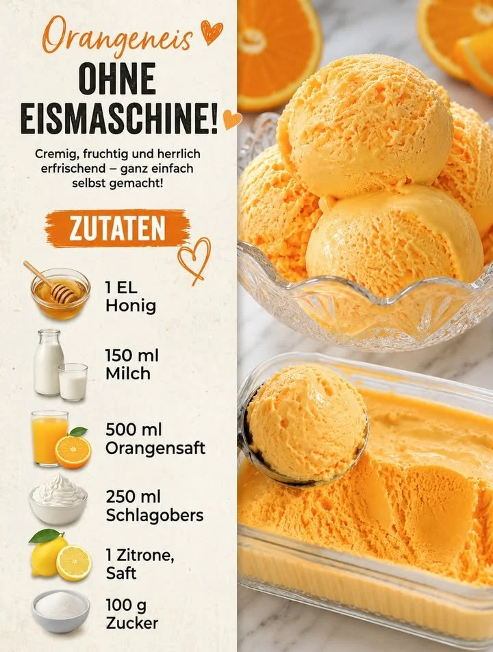 Schüssel mit erfrischendem Orangeneis auf einem Tisch