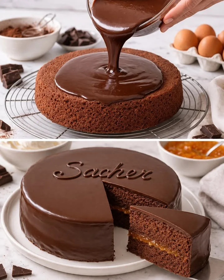 Ein Stück Original Sacher-Torte mit Schokolade und Aprikosenmarmelade auf einem Teller.