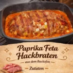 Paprika-Feta-Hackbraten serviert auf einem Holzbrett mit frischen Kräutern.