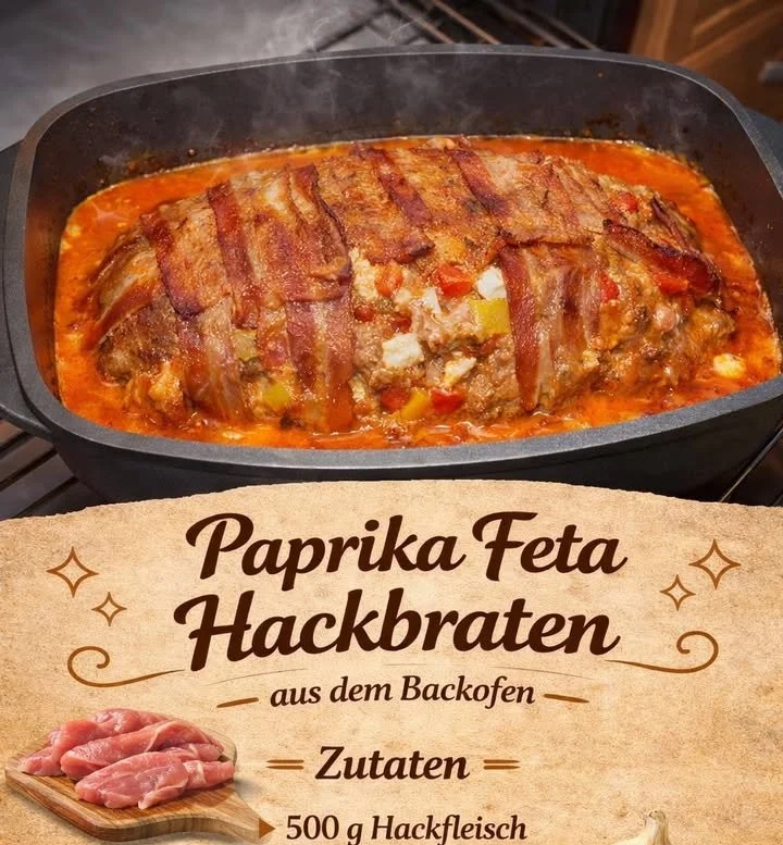 Paprika-Feta-Hackbraten serviert auf einem Holzbrett mit frischen Kräutern.