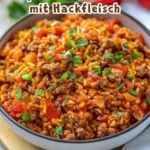 Paprika Reispfanne mit Hackfleisch auf einem weißen Teller
