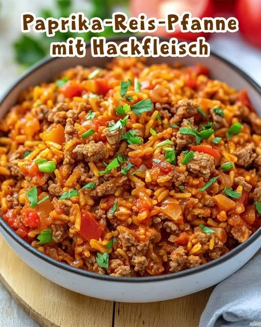 Paprika Reispfanne mit Hackfleisch auf einem weißen Teller