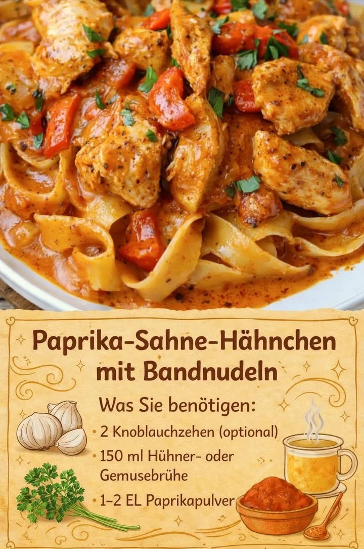 Paprika-Sahne-Hähnchen mit Bandnudeln auf einem Teller serviert