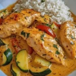 Paprika-Zucchini-Sahne-Hähnchen auf einem Teller serviert