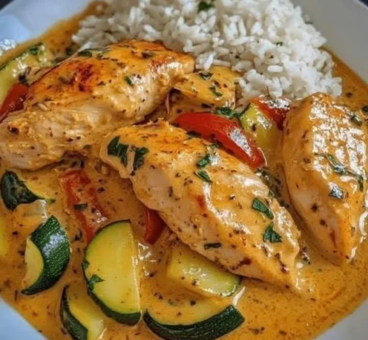 Paprika-Zucchini-Sahne-Hähnchen auf einem Teller serviert