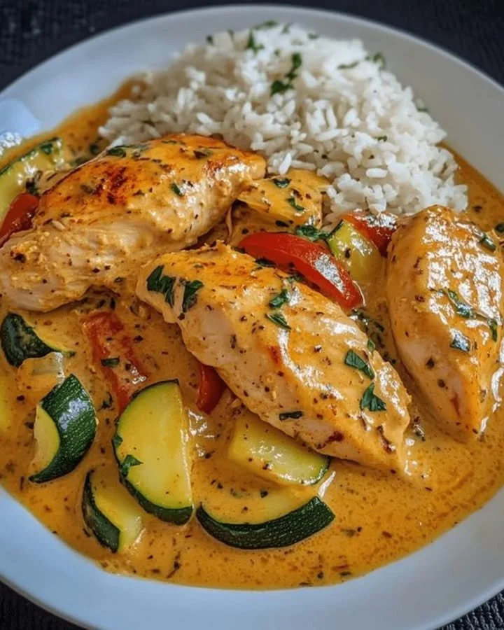 Paprika Zucchini Sahne Hähnchen Gericht auf einem Teller