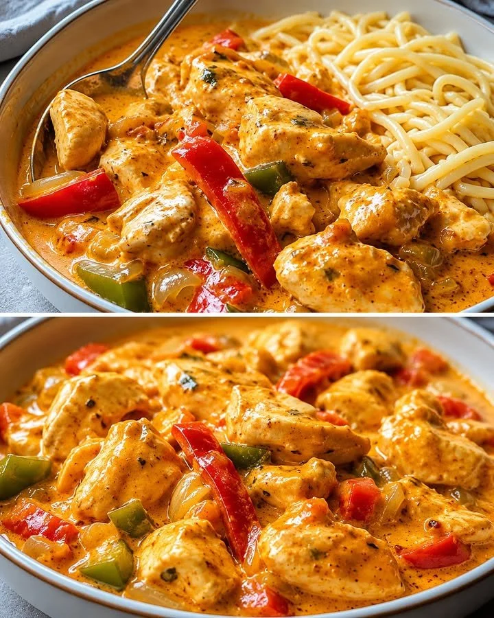 Paprika Zucchini Hähnchen in Sahnesauce auf einem Teller serviert