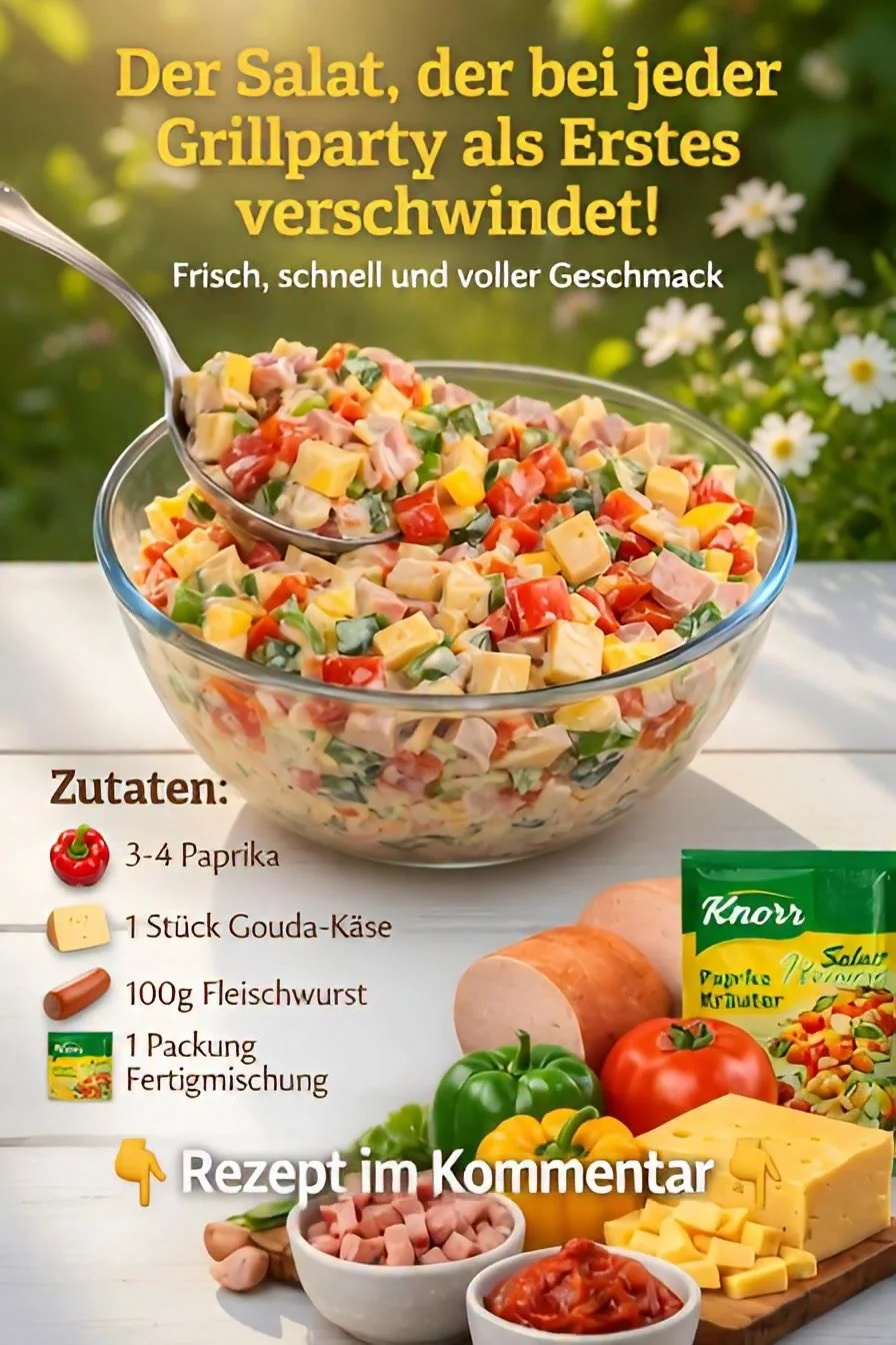 Bunter Partysalat auf einem Tisch mit frischen Zutaten