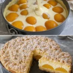 Pfirsichkuchen mit cremiger Glasur und Streusel auf einem Teller