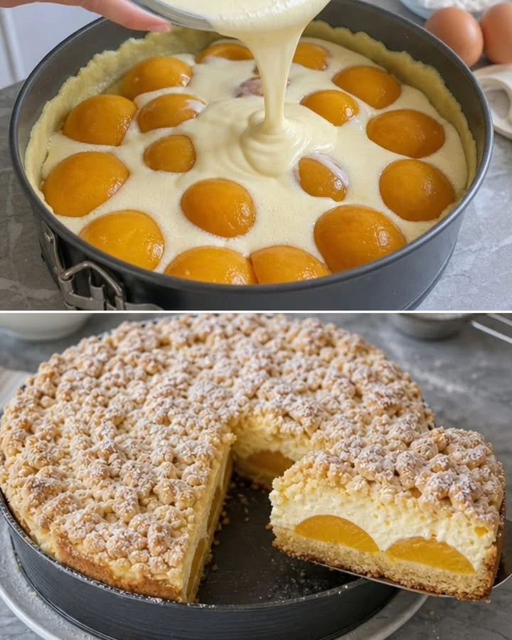 Pfirsichkuchen mit cremiger Glasur und Streusel auf einem Teller