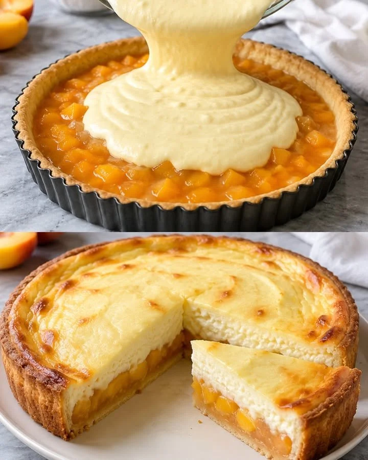 Pfirsichkuchen mit Joghurt-Vanille-Topping auf einem Teller serviert