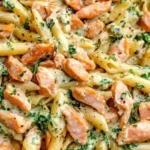 Penne mit Lachs-Cremesauce und frischem Spinat auf einem Teller.
