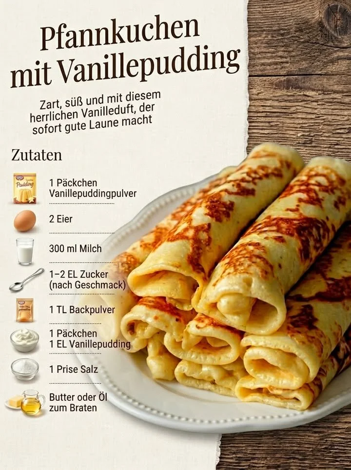 Pfannkuchen mit Vanillepudding auf einem Teller serviert