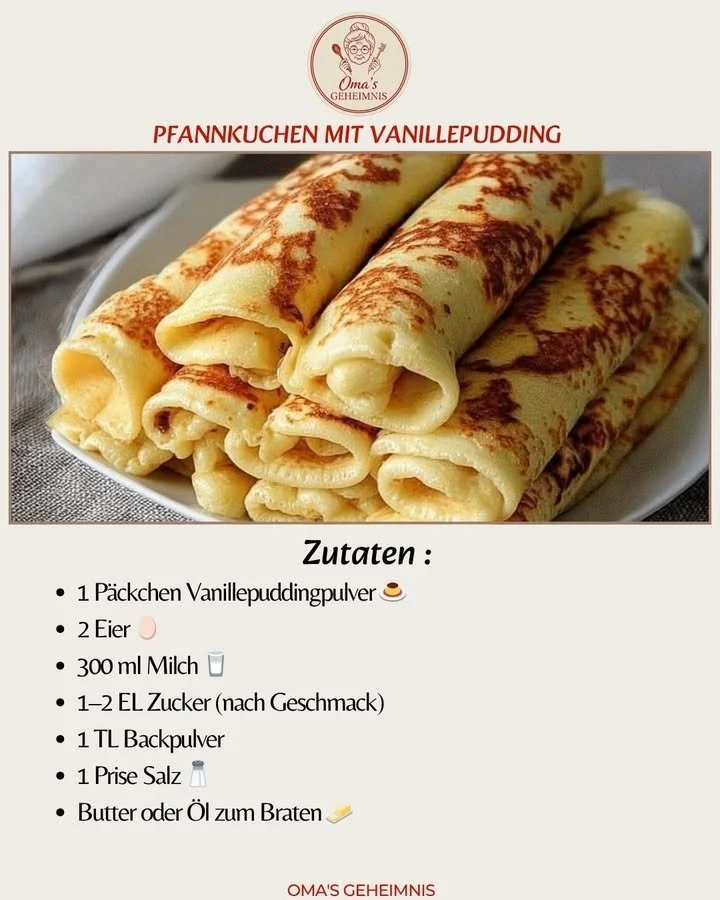 Leckere Pfannkuchen mit Vanillepudding, zubereitet ohne Mehl.