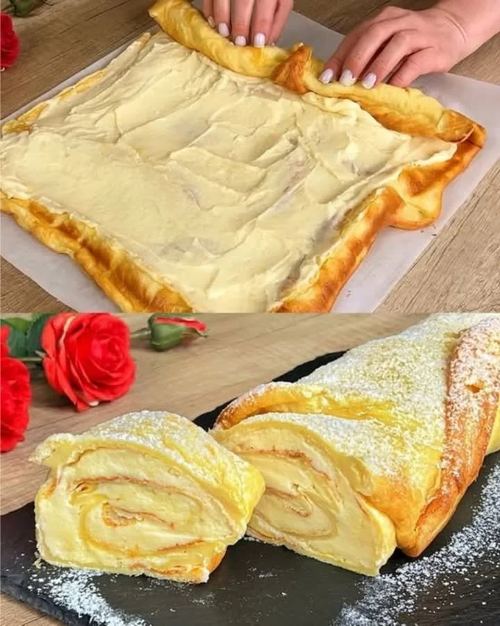 Pfannkuchen-Rollen gefüllt mit Joghurt-Creme auf einem Teller