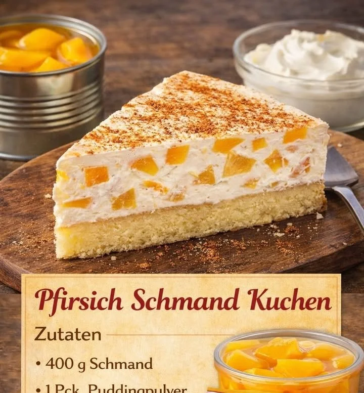Pfirsich Schmand Kuchen mit frischen Pfirsichen und cremigem Schmandbelag