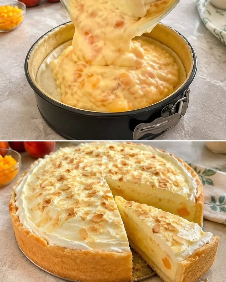 Leckerer Pfirsichkuchen mit frischen Pfirsichen und einem goldbraunen Belag.