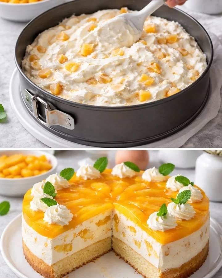 Leckere Pfirsichtorte mit frischen Pfirsichen und Sahne