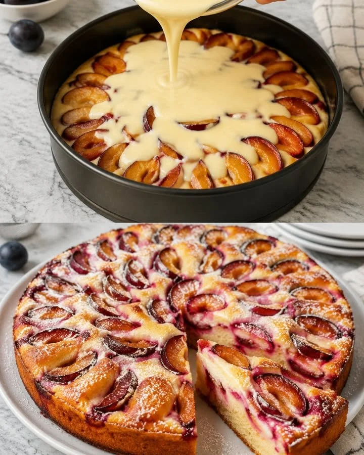 Schnitt von Pflaumenkuchen mit Schmandguss auf einem Teller