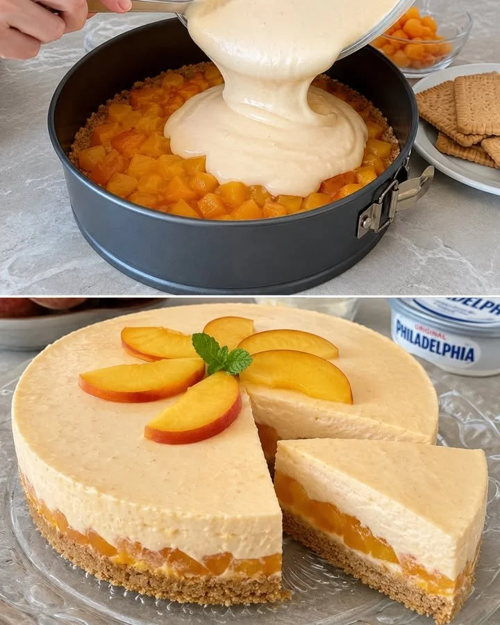 Saftiger Philadelphia-Pfirsich-Kuchen mit frischen Pfirsichen und cremigem Belag