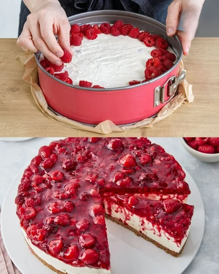 Philadelphiatorte mit Himbeeren auf einem Teller