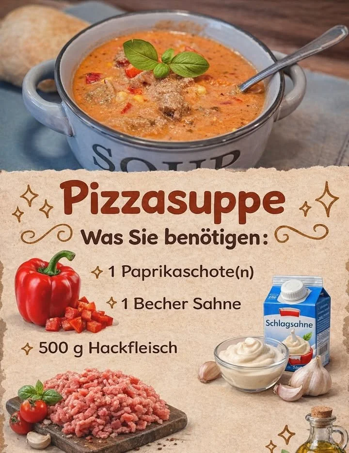 Schüssel Pizzasuppe mit frischen Zutaten und Gewürzen