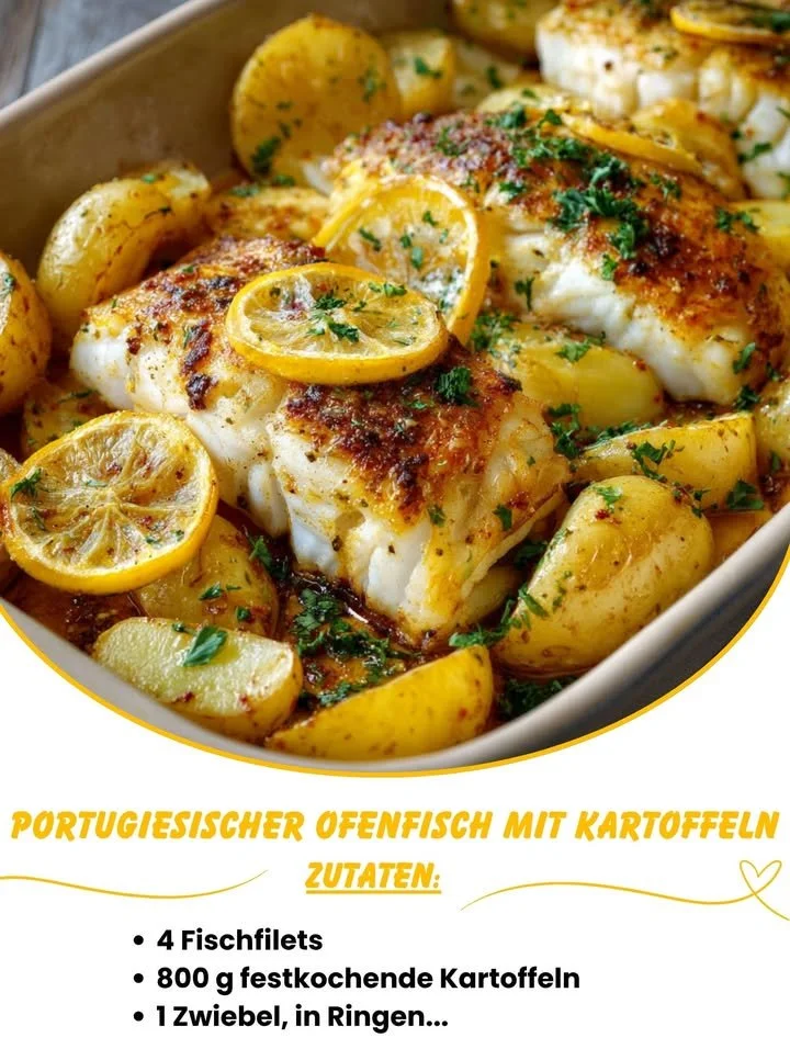 Portugiesischer Ofenfisch mit Kartoffeln auf einem Teller serviert.