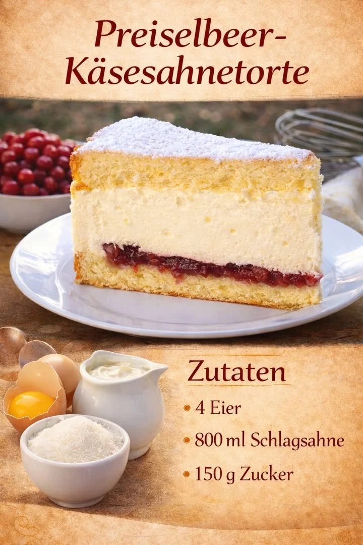 Priselbeer-Käsesahnetorte, eine leckere Sahnetorte mit Preiselbeeren